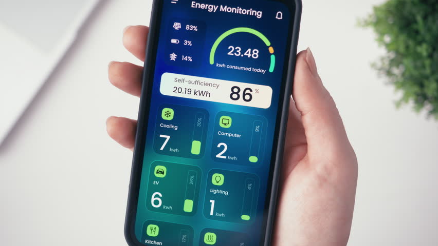 Monitoring household solar energy system. Examining power production and consumption data in an energy efficiency smartphone app. Fictional interface. Royalty-Free Stock Footage #1111330259