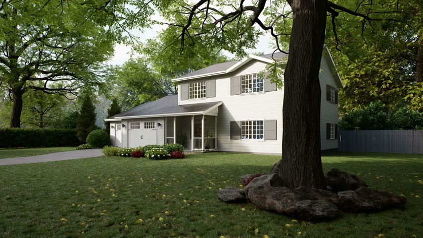 Traditional American home with two garages, a driveway and a large tree. A two-story house with a mowed lawn. 3d animation. 3D Illustration