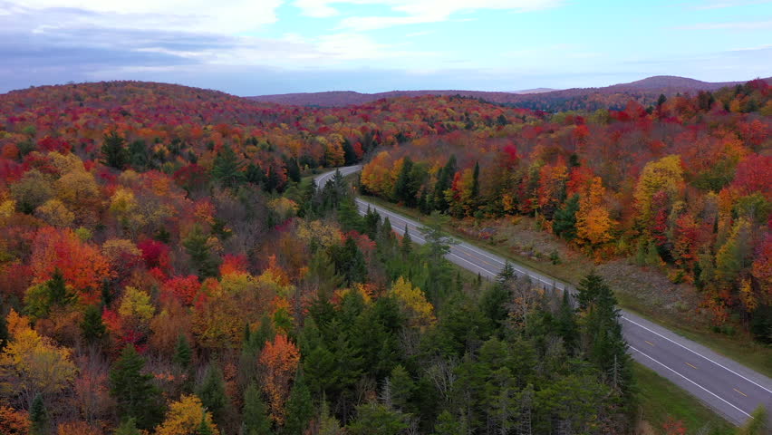 Aerial view of Fall (Autumn) foliage around Cranberry Lake in upstate NewYork.