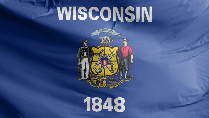 Wisconsin flag waving animation. Wisconsin waving flag in the wind. National flag of Wisconsin. Sign of State of Wisconsin seamless loop animated