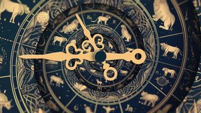 Astrology horoscope zodiac sign concept metaphor for date and time. Clock hands rotate in infinite time - video loop animation on horoscope wheel background.