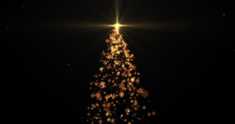 Bright Christmas tree with twinkling lights stars and snowflakes floating on black background. Winter holidays, New Year, festive decorations concept. Seamless looping animation 4k