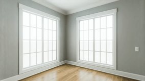 Empty room interior in the stele of a traditional American room with windows and doors. 3D video animation of an empty apartment without furniture or decor. 3D Illustration