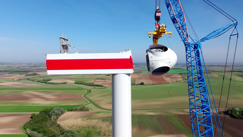 Installing Rotor On Nacelle Atop The Tower Of Wind Turbine Using A Crane. - aerial pullback shot