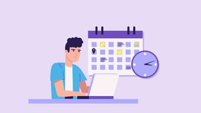 Man character with laptop animation. Calendar and clock, Schedule planning concept. Time management and self organization. work-life balance, working time, Deadline and overwork. Cartoon style - Powered by Shutterstock - Get 15% off with code: PIKWIZARD15
