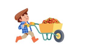 Cute little boy character pushes a wheelbarrow full of leaves and helps parents. Happy spring or autumn. Child in a hat removes leaves from the garden. Little gardener. 4K animation video motion graph