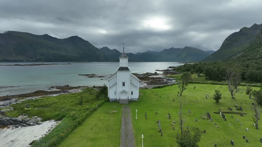 Gimsoy church in the Lofoten Islands. It is a parish church in the municipality of Vagan in Nordland county, Norway. 