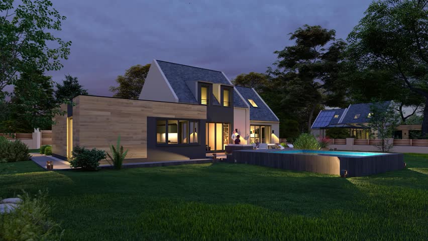 
3D animation of a family house in a traditional style with a garden, pool  and outdoor furniture | Shutterstock HD Video #1111344621