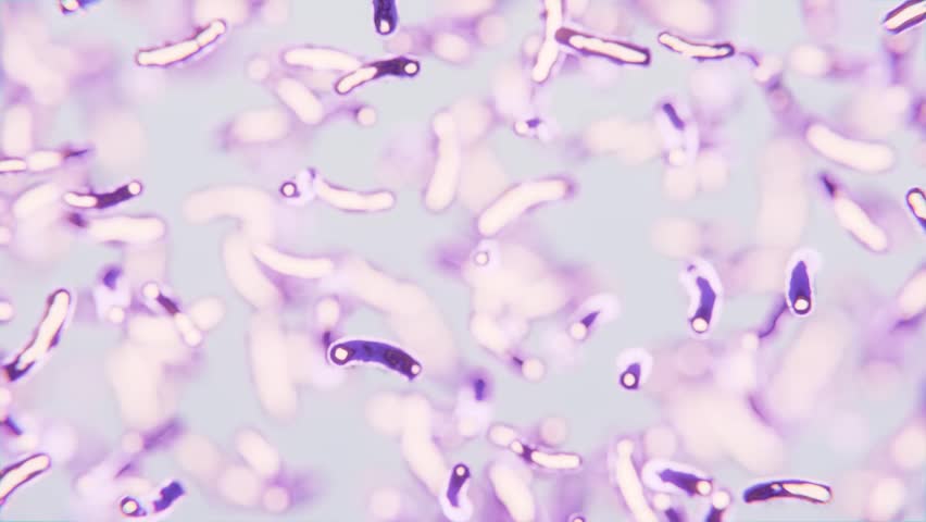 Probiotic lactobacilli under microscope. Floating Bacteria. bacterias floating on gradient background with blurred elements. Macro view. Bacteria move Royalty-Free Stock Footage #1111344633