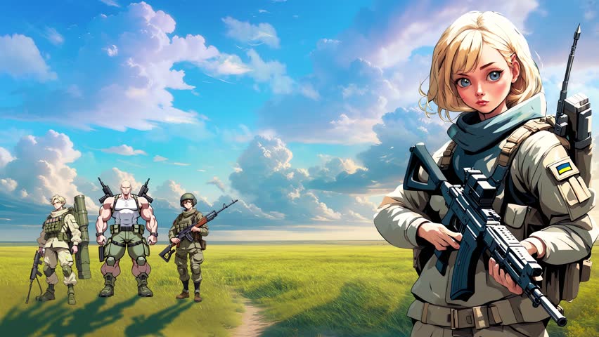 Cyclic anime background for streamers or as wallpaper - military squad of military forces of ukraine led by a beautiful blonde girl in the middle of a green field with blue sky and clouds. | Shutterstock HD Video #1111345293