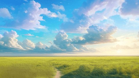 Cyclic anime background - green field with blue sky and clouds, grass and clouds are movingの動画素材