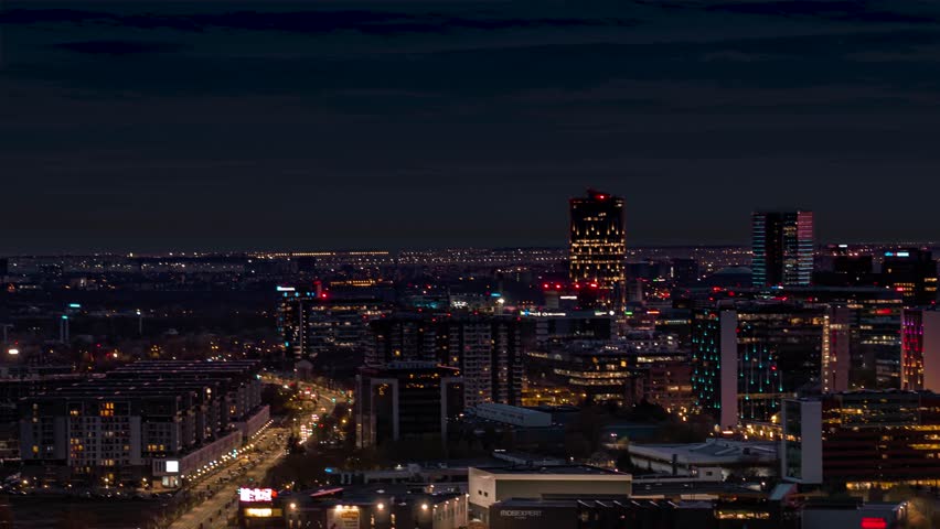 Establishing Aerial shot Of Bucharest City Skyline At Night Royalty-Free Stock Footage #1111349143