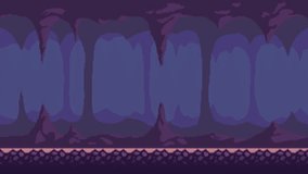 Pixel art loop animation of underground cave. Animated 8-bit seamless background of cavern with with stalactites and stalagmites. Pixelated template for computer game or application.