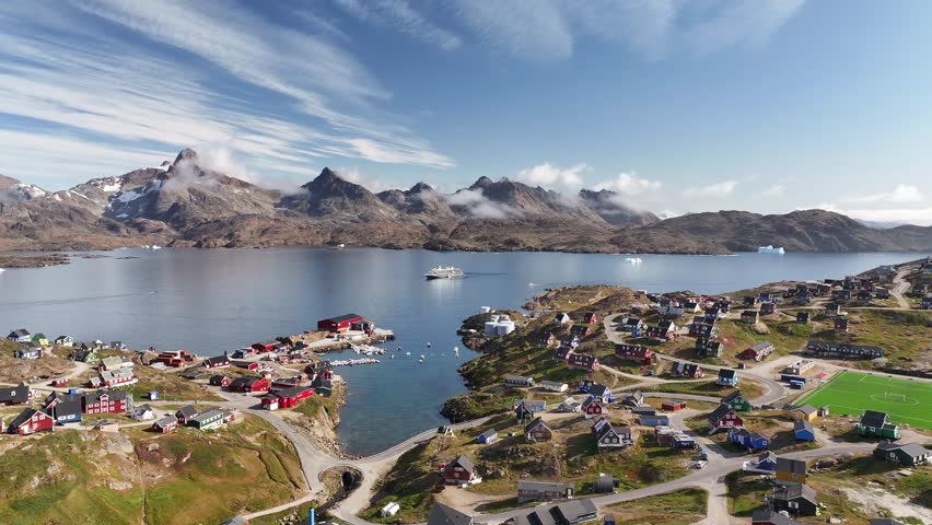 aerial view of traditional Tasiilaq town and arctic ocean bay in Greenland