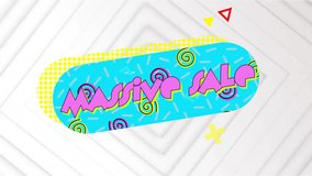 Animation of massive sale text with spiral, triangle and cross shapes over white abstract background. Illustration, digitally generated, discount, advertisement, shopping, retail, banner, business. - Powered by Shutterstock - Get 15% off with code: PIKWIZARD15