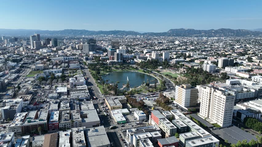 Macarthur Park Lake At Los Angeles In California United States. Corporate Buildings Scenery. Skyscrapers Background. Macarthur Park Lake At Los Angeles In California United States. Royalty-Free Stock Footage #1111356959