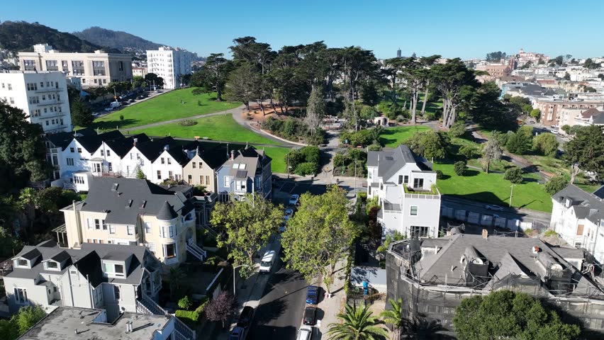 Alamo Square At San Francisco In California United States. Downtown City Skyline. Transportation Scenery. Alamo Square At San Francisco In California United States.