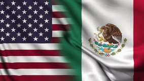 Horizontal waving Mexico and USA Combined Flag video background. Realistic Slow Motion Animation. 4K Loop Motion Graphics. Mexico and America Unity, border, Peace and Relationship Concept
