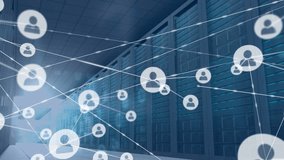 Animation of network of profile icons and binary coding against computer server room. Global networking and business data storage technology concept - Powered by Shutterstock - Get 15% off with code: PIKWIZARD15