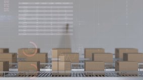 Animation of statistical data processing over boxes on conveyer belt against grey background. Global networking and logistics business technology concept - Powered by Shutterstock - Get 15% off with code: PIKWIZARD15