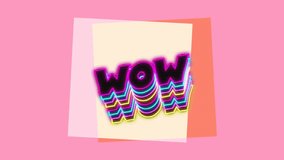 Animation of neon wow text banner with shadow effect against square shapes on pink background. Video game and entertainment technology concept - Powered by Shutterstock - Get 15% off with code: PIKWIZARD15