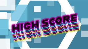 Animation of neon high score text banner against hexagonal and square shapes on blue background. Video game and entertainment technology concept - Powered by Shutterstock - Get 15% off with code: PIKWIZARD15