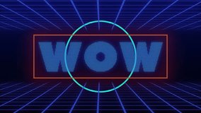 Animation of abstract circular shapes over wow text banner on grid network against blue background. Video game and entertainment technology concept - Powered by Shutterstock - Get 15% off with code: PIKWIZARD15