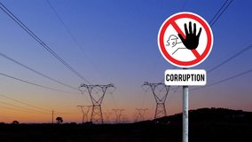 Animation of stop curruption sign board against network towers and sunset sky. Corruption, financial crime and bribery concept - Powered by Shutterstock - Get 15% off with code: PIKWIZARD15