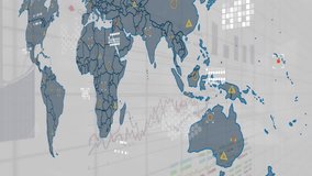 Animation of statistical data processing over world map against grey background. Global networking and business data technology concept - Powered by Shutterstock - Get 15% off with code: PIKWIZARD15