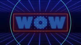 Animation of abstract circular shapes over wow text banner on grid network against blue background. Video game and entertainment technology concept - Powered by Shutterstock - Get 15% off with code: PIKWIZARD15