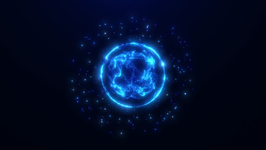 Abstract glowing sphere, energy ball shines brightly with rays of light, magic waves from particles and dots, atomic science abstract background, seamless loop
