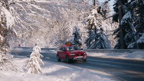 TRACKING Family driving home with a Christmas tree tied to a roof of a generic red car against beautiful mountain landscape - Powered by Shutterstock - Get 15% off with code: PIKWIZARD15