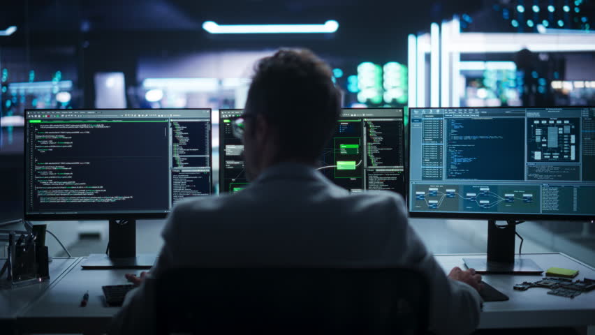 Back View of a Young Engineer Working on Computer in a Technological Office Environment. Male Programmer Writing Software Code for a Blockchain Project, Developing Backend System. Zoom Out