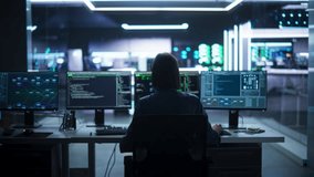Back View of Female Telecommunications Manager Working in Research and Development Facility on a Desktop Computer in Modern Office. Focused Software Engineer Updating Server System Database. Zoom Out - Powered by Shutterstock - Get 15% off with code: PIKWIZARD15