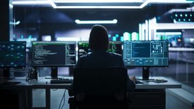Back View of Female Telecommunications Manager Working in Research and Development Facility on a Desktop Computer in Modern Office. Focused Software Engineer Updating Server System Database. Zoom Out - Powered by Shutterstock - Get 15% off with code: PIKWIZARD15