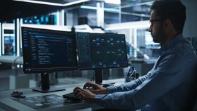 IT Specialist Administrator Working on Computer, Screen Showing Big Data AI Analysis and Code. Web Services, Machine Learning, Analytics Facility, Cyber Security. High-Tech Data Center Server Control - Powered by Shutterstock - Get 15% off with code: PIKWIZARD15