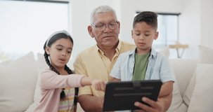 Relax, kid or grandpa with tablet for elearning or studying for remote learning education on sofa. Family, siblings talking or grandfather with kids reading ebook or streaming video or movies at home