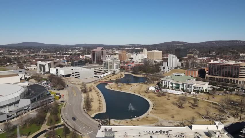 An aerial view of water and buildings in Downtown Huntsville, AL