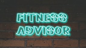 LOOP POPULAR fitness advisor, blue neon animation . Neon sign animation text. 4K loop handmade handlettering with blue neon text on brick background animation
