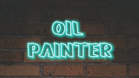 LOOP POPULAR oil painter. Blue neon animation . Neon sign animation text. 4K loop handmade handlettering with blue neon text on brick background animation.