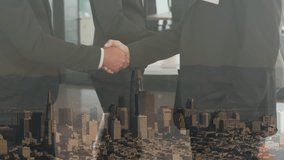 Composite video of two diverse businessmen shaking hands against aerial view of cityscape. Business technology concept