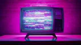 Vintage TV with glitch and bad distortion noise. Loop neon psychedelic abstract vaporwave looped background. Retro club party or synthwave concept. Hypnotic old school cyber punk aesthetics art - Powered by Shutterstock - Get 15% off with code: PIKWIZARD15