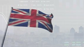 Animation of stock market and statistical data processing over waving uk flag against cityscape. Global economy and patriotism concept - Powered by Shutterstock - Get 15% off with code: PIKWIZARD15