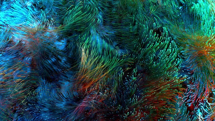 3d render of abstract art video surreal 3d background with hair texture based on curve wavy lines forms in motion in emerald green neon blue and orange mix gradient color | Shutterstock HD Video #1111392271