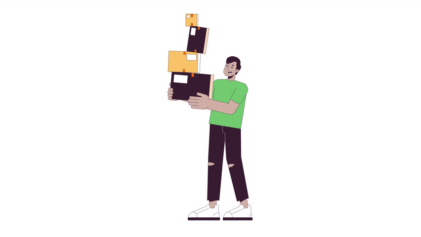 Startled man carrying stacked boxes line cartoon animation. Moving stress 4K video motion graphic. Troubled indian guy holding cardboard 2D linear animated character isolated on white background Royalty-Free Stock Footage #1111392821
