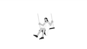 Beautiful young woman on swing bw outline 2D character animation. Carefree relaxing monochrome linear cartoon 4K video. Happy lady riding on hanging swing animated person isolated on white background