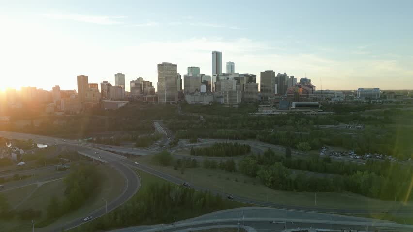 Downtown Edmonton Canada at sunset, aerial angle
