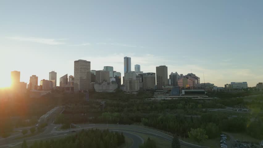 Downtown Edmonton Canada at sunset, aerial angle