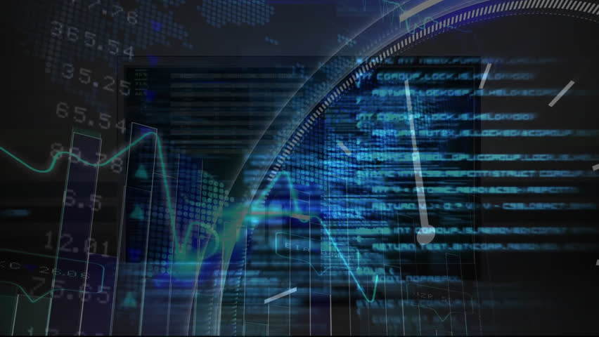 Animation of graphs, clock, globes, trading board and computer language over black background. Digitally generated, hologram, time, report, business, stock market, coding and technology concept. - Powered by Shutterstock - Get 15% off with code: PIKWIZARD15