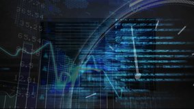 Animation of graphs, clock, globes, trading board and computer language over black background. Digitally generated, hologram, time, report, business, stock market, coding and technology concept. - Powered by Shutterstock - Get 15% off with code: PIKWIZARD15